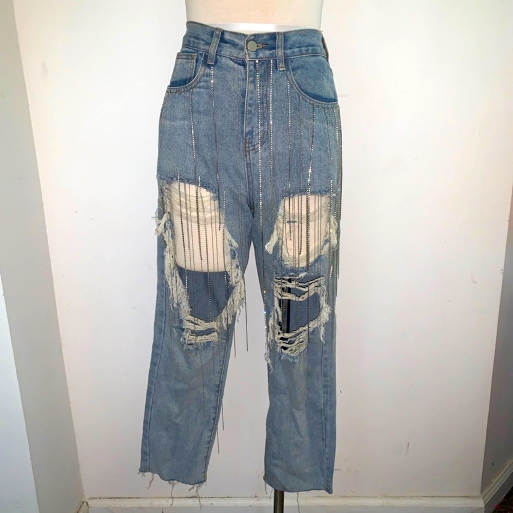 High Waist Fashion Nova Ripped Denim Rhinestone Strand Jeans Size S